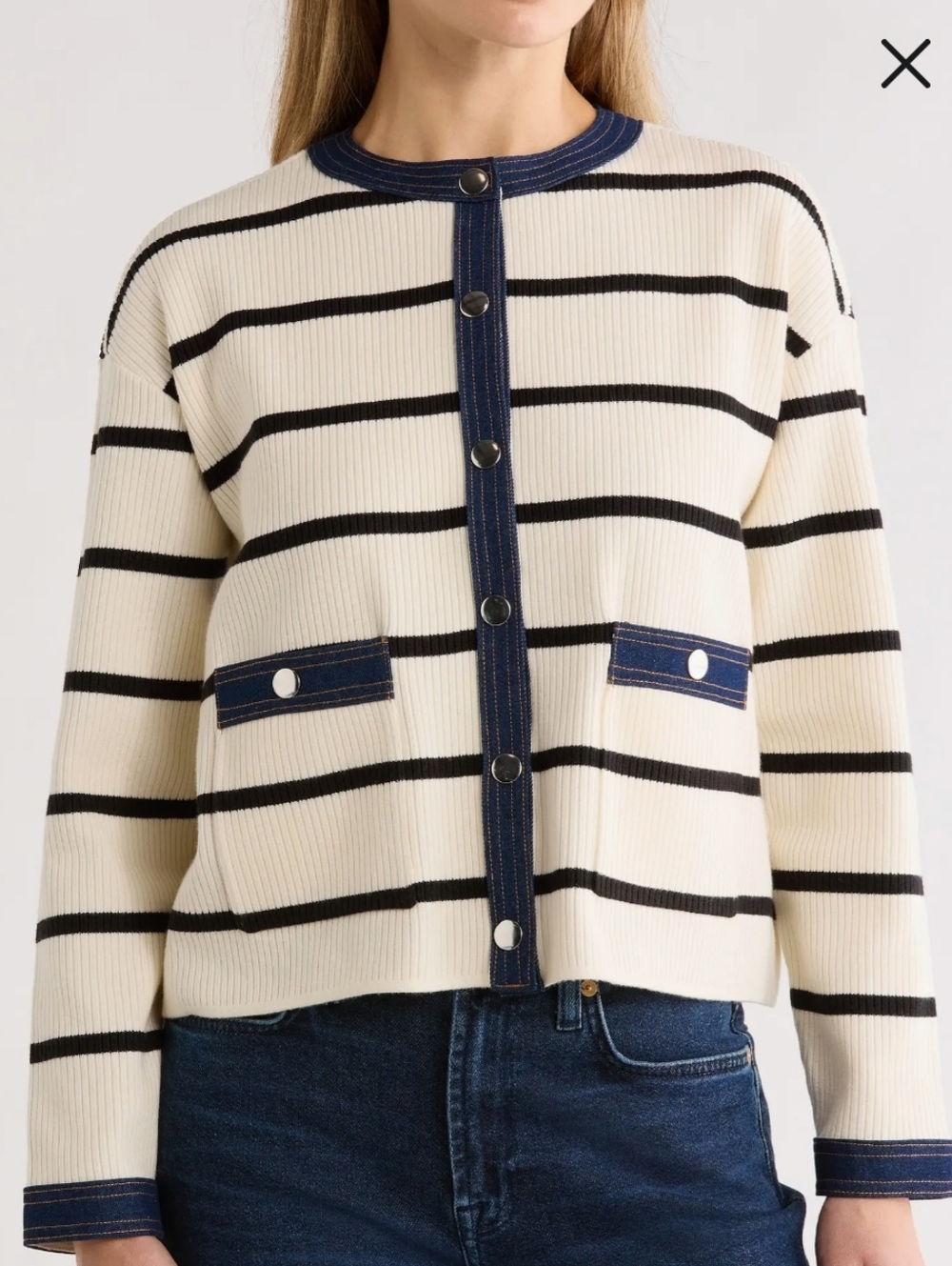 Nanette Lepore Denim Trim Stripe Ribbed Cardigan, M, Snap Front Casual